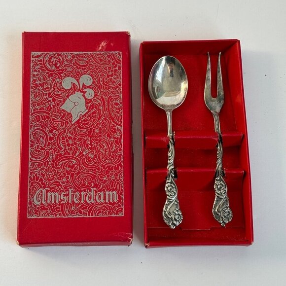 Vtg Nils-Johan Sweden Silver Plated Fork Spoon Condiments Set Box Scandinavian - Picture 1 of 5